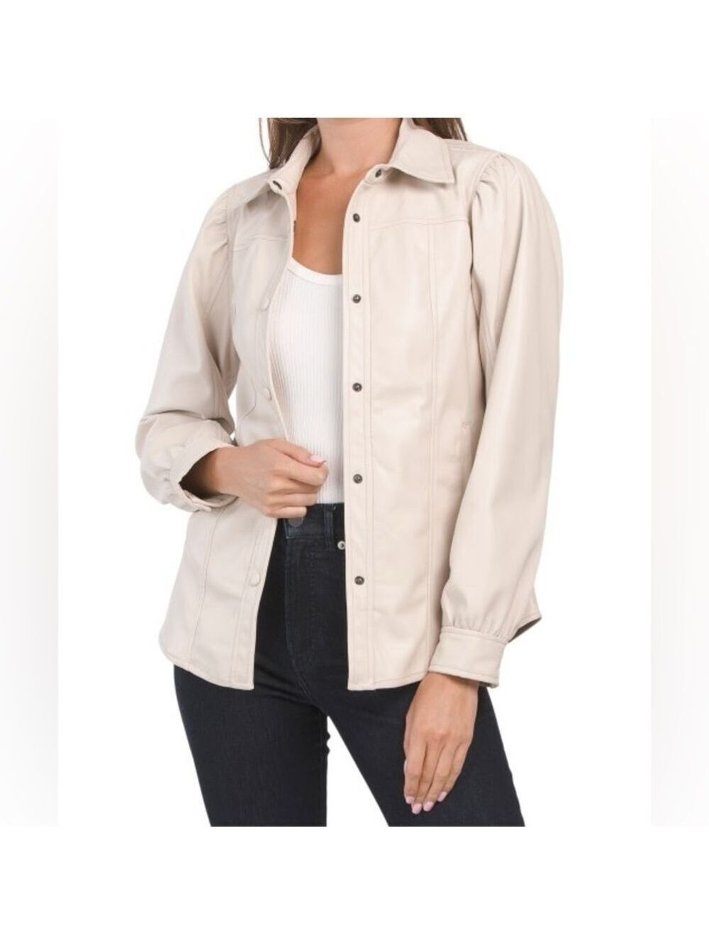 Blank NYC Women’s Faux Leather Puff Sleeve ButtonUp Shirt Jacket Shacket Cream L